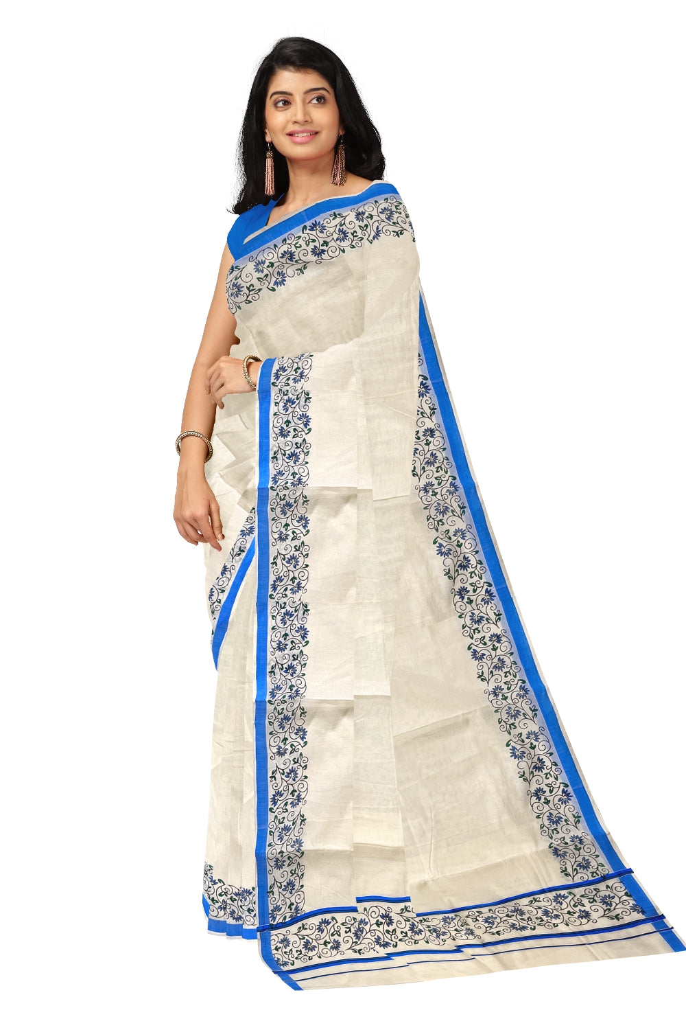 Pure Cotton Kerala Saree with Floral Block Prints and Blue Border