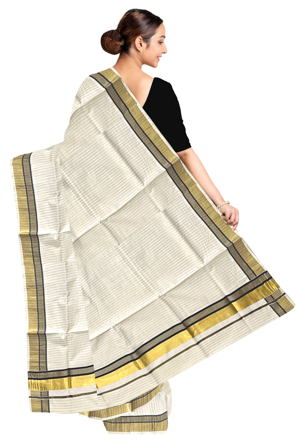 Pure Cotton Kerala Kasavu Lines Design Saree with Black Border
