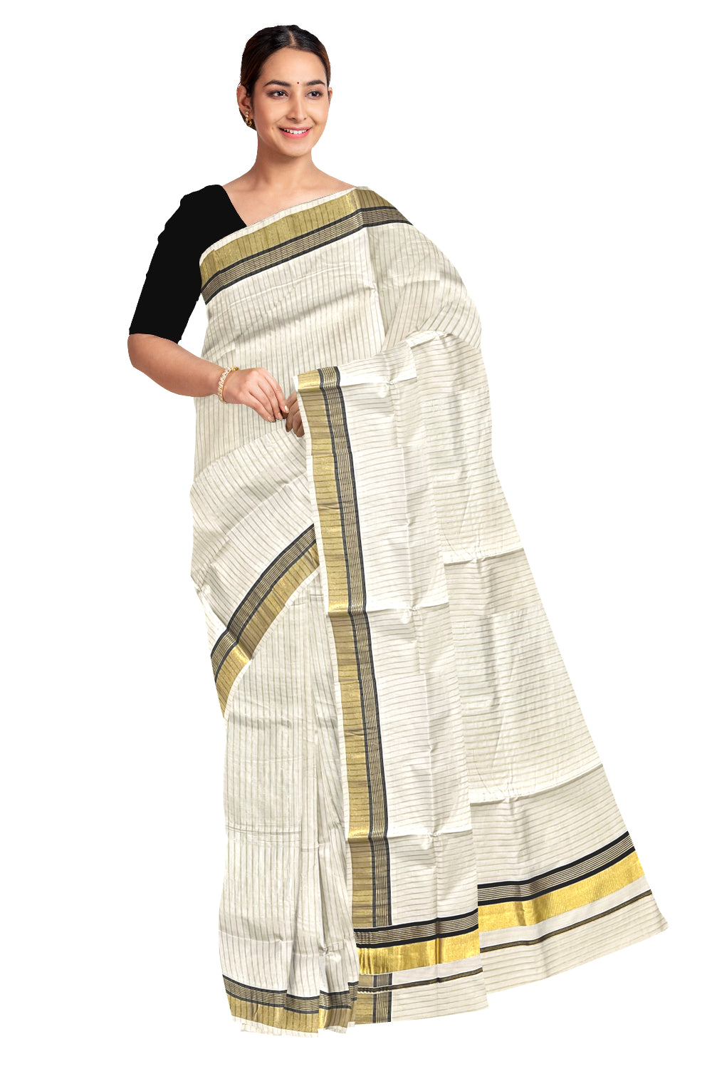 Pure Cotton Kerala Kasavu Lines Design Saree with Black Border