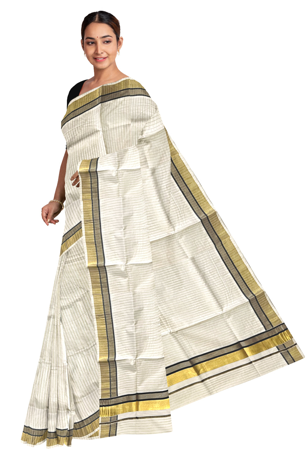 Pure Cotton Kerala Kasavu Lines Design Saree with Black Border