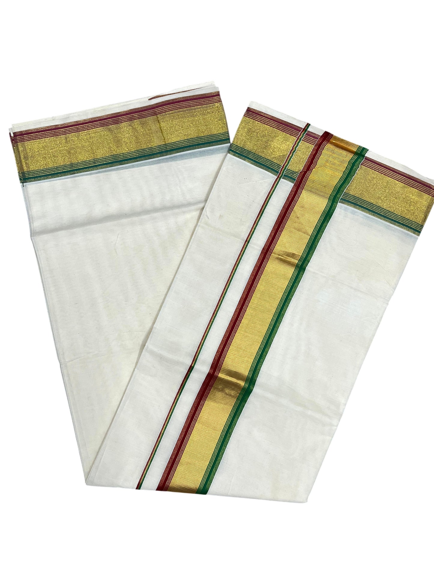 Southloom Kerala Cotton Kasavu Saree with Green And Maroon Border