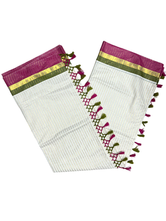 Southloom Cotton Kerala Kasavu Saree with Stripes on Body and Pink &Olive Green Border with Tussels