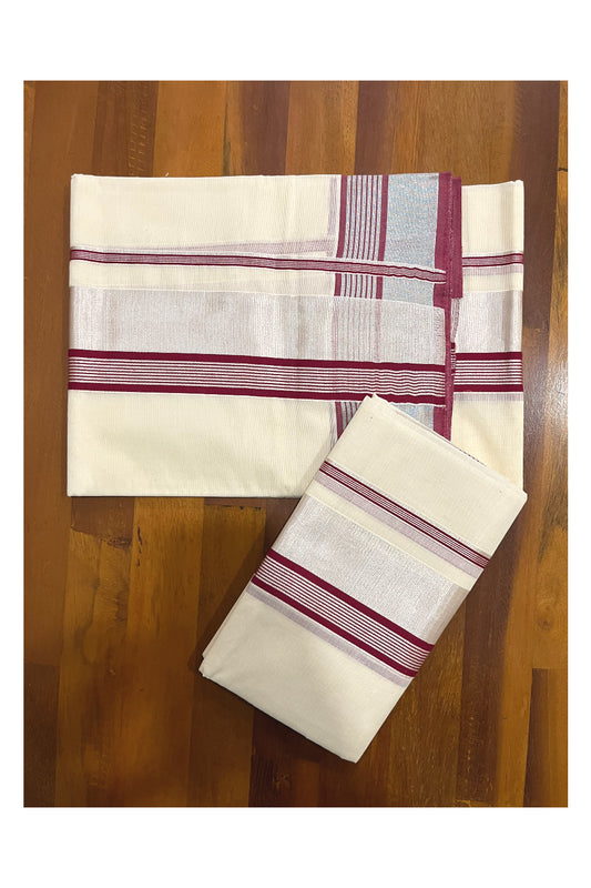 Kerala Cotton Mundum Neriyathum Single (Set Mundu) with Maroon and Silver Kasavu Border 2.80 Mtrs