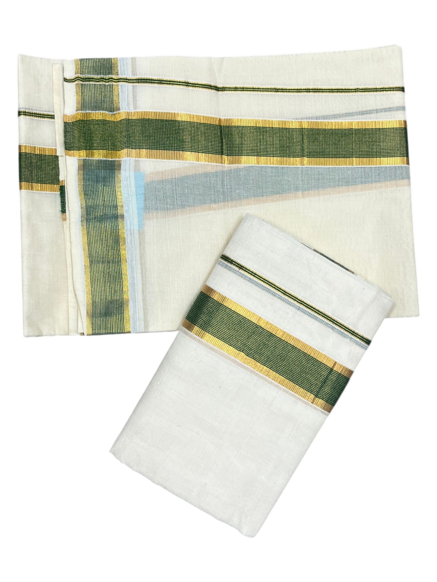 Southloom Pure Cotton Kerala Kasavu  Set Mundu (Mundum Neriyathum) Kasavu & Green Border in 2.80 Mtrs