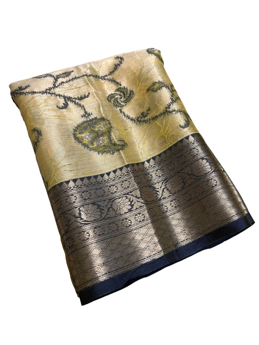 Southloom Tissue Silk Saree with Woven Work on Body and Borders (Beige & Blue)