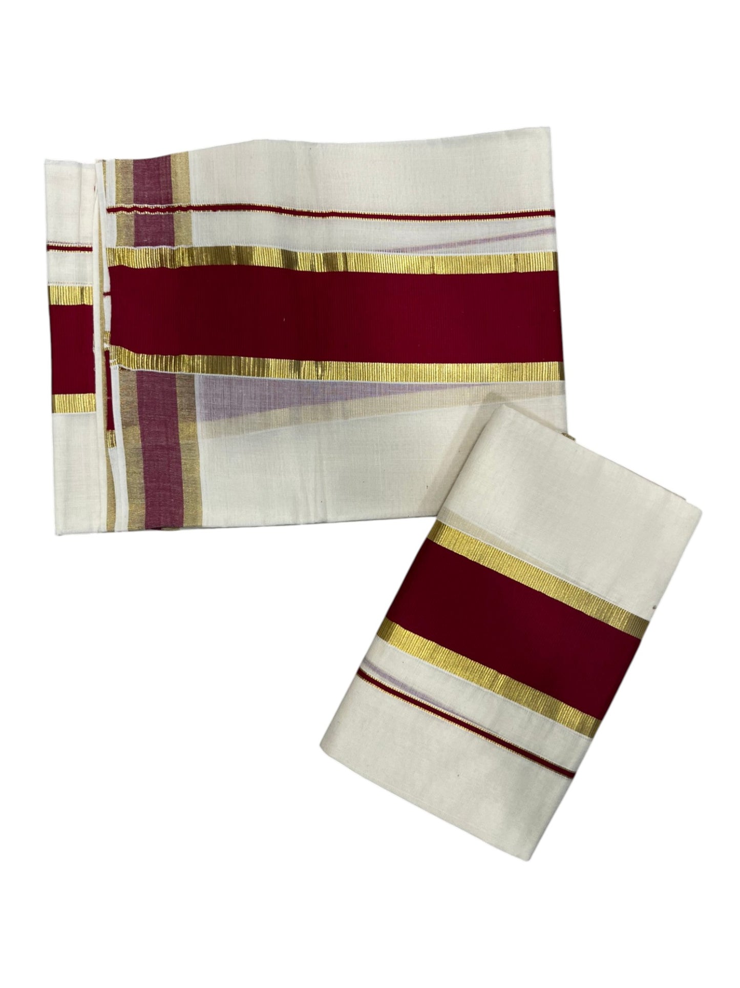 Southloom Kerala Cotton Single Set Mundu (Mundum Neriyathum) with Kasavu and Maroon Border 2.80Mtrs