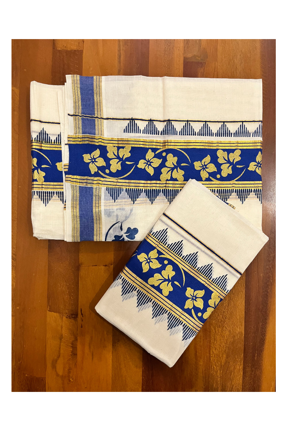 Kerala Pure Cotton Set Mundu Single (Mundum Neriyathum) with Floral Golden Block Prints on Blue Border