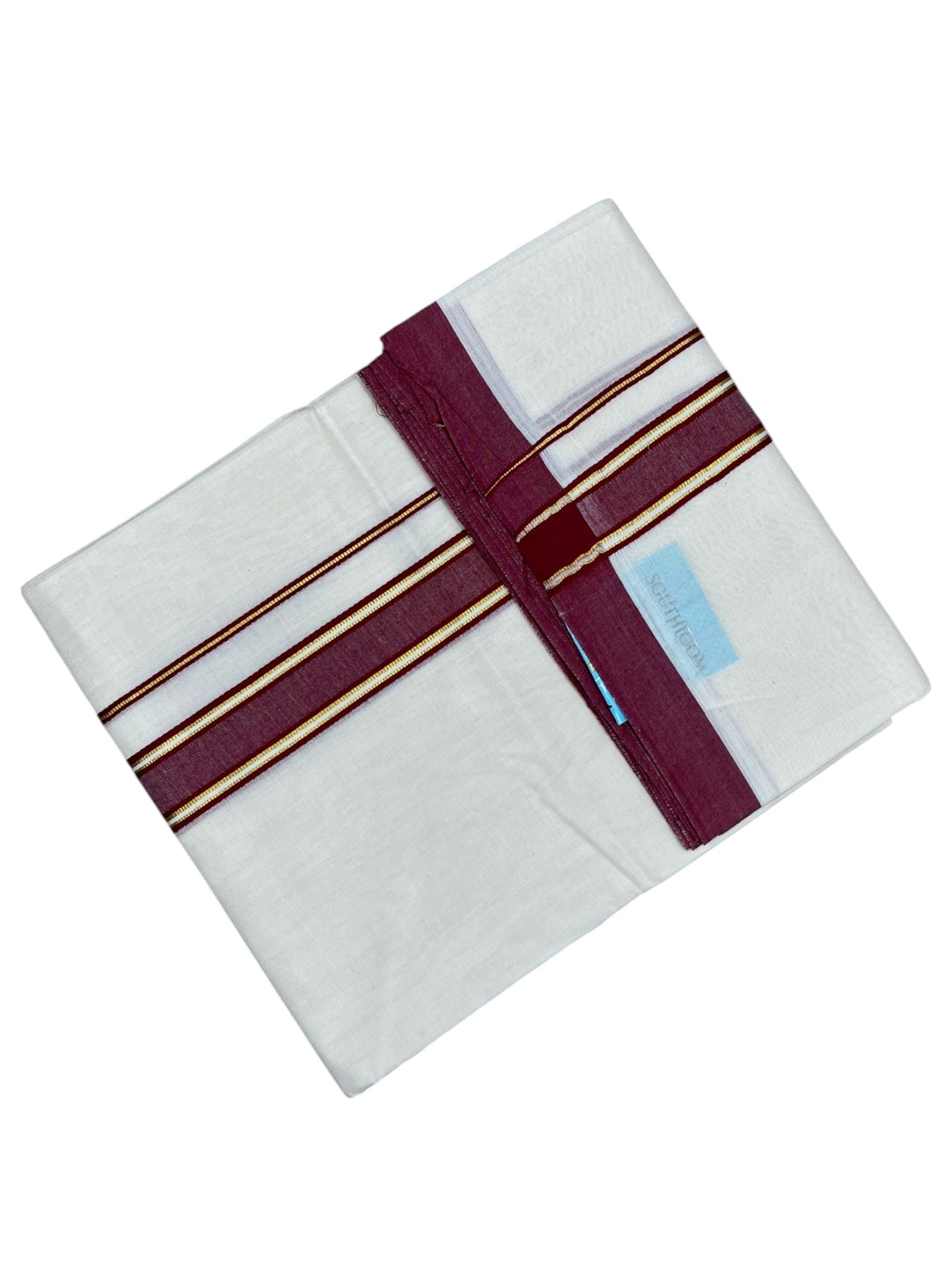 Southloom Pure Cotton Mundu with Gold Lines and Maroon Border (South Indian Kerala Dhoti)