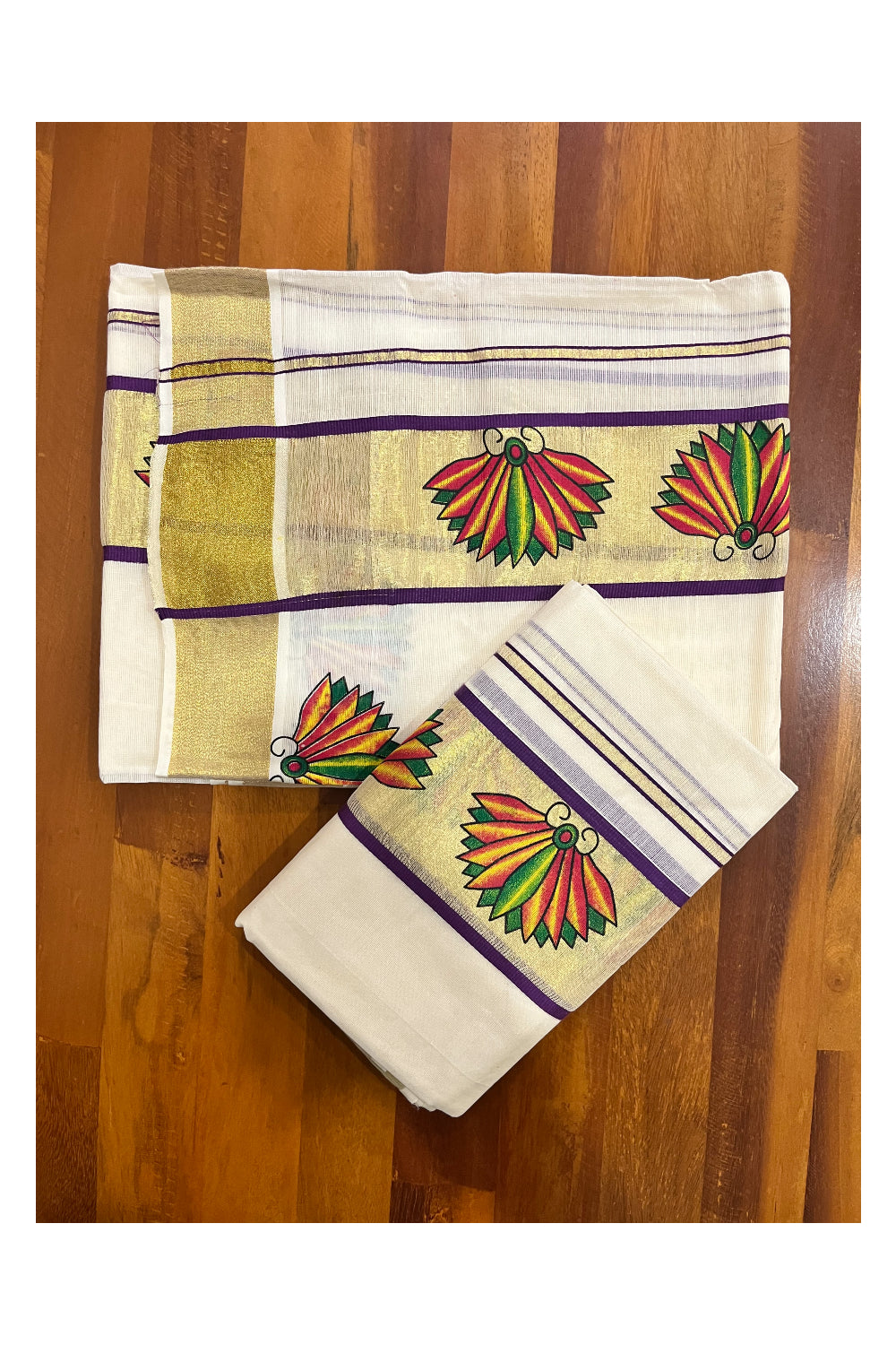 Kerala Cotton Single Set Mundu (Mundum Neriyathum) with Block Prints on Kasavu Violet Border