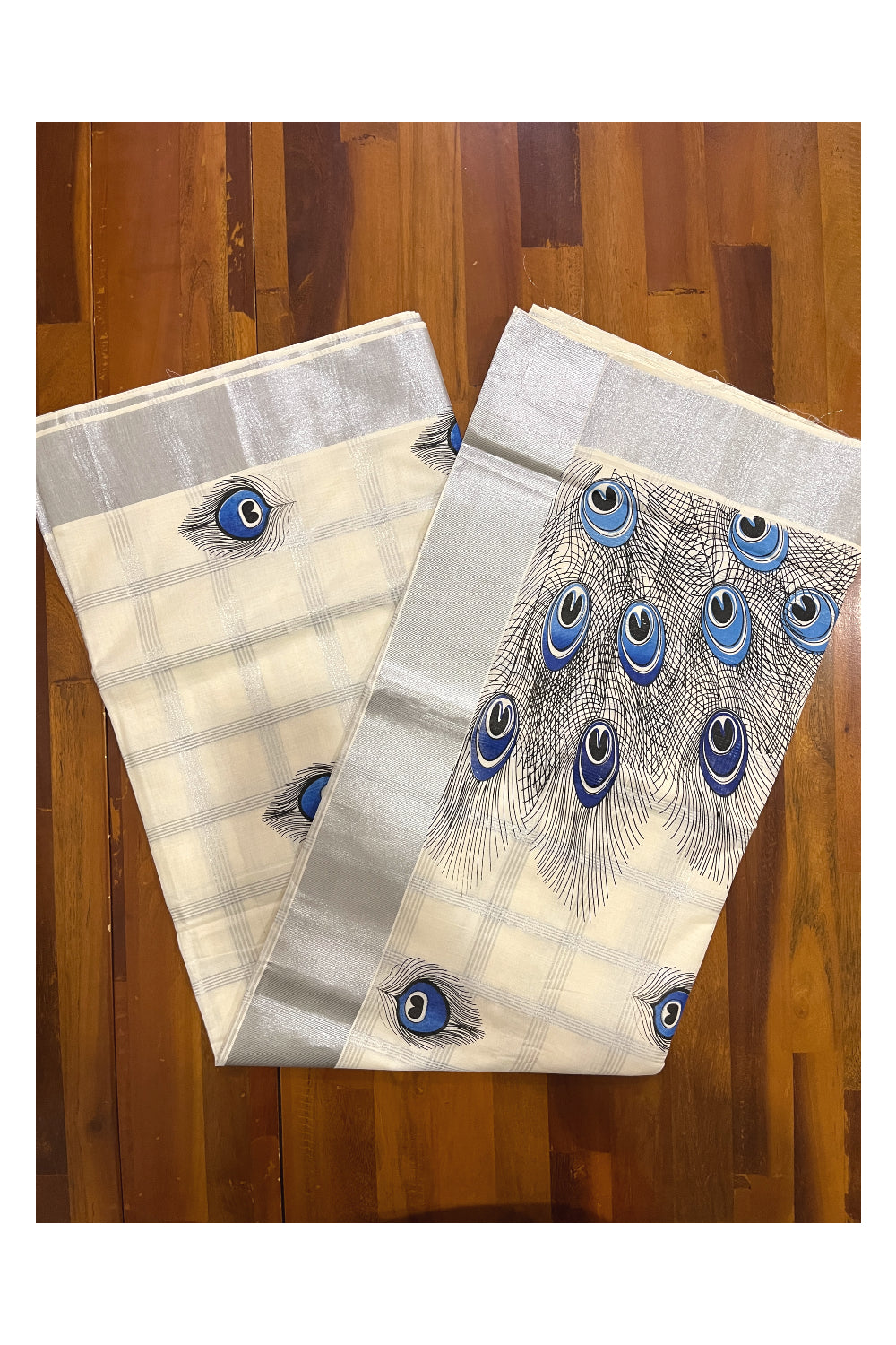 Pure Cotton Kerala Saree with Silver Kasavu Check Designs and Blue Feather Block Printed Body (Onam Saree 2023)