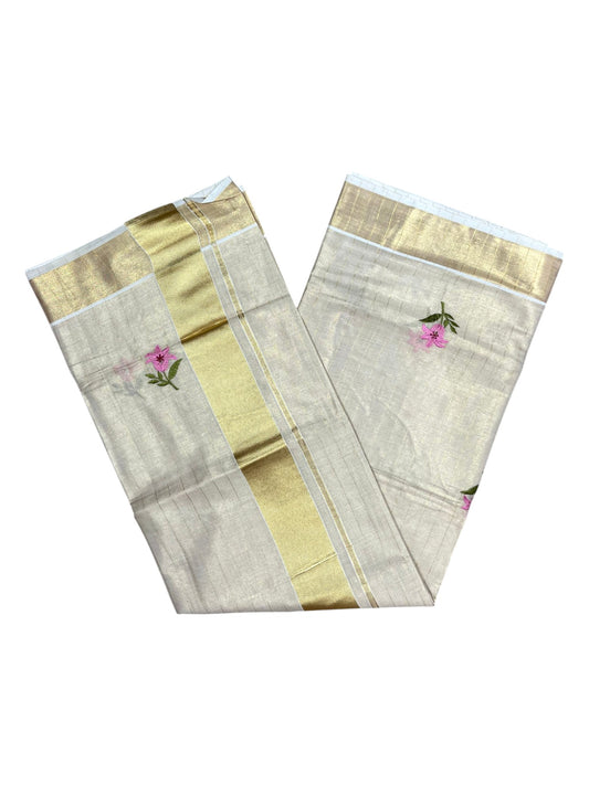 Southloom Kerala Tissue Kasavu Lines Saree with Floral Embroidery Work on Body
