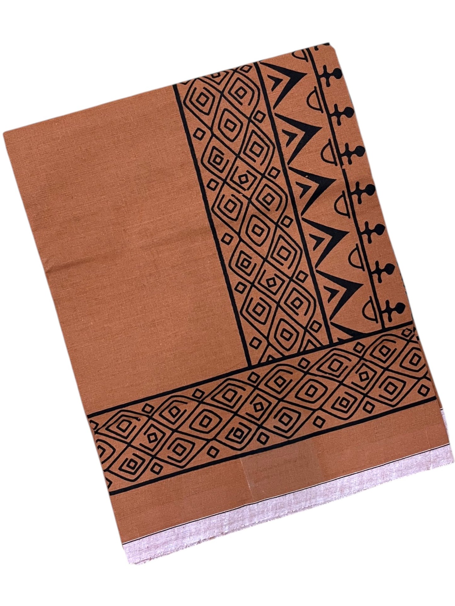 Southloom Saffron (Kaavi) Black Printed Single Mundu / Lungi (South Indian Kerala Dhoti) SL319