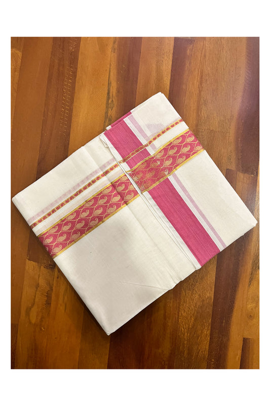 Kerala Pure Cotton Double Mundu with Kasavu and Pink Woven Border (Vishu 2024 Collection)