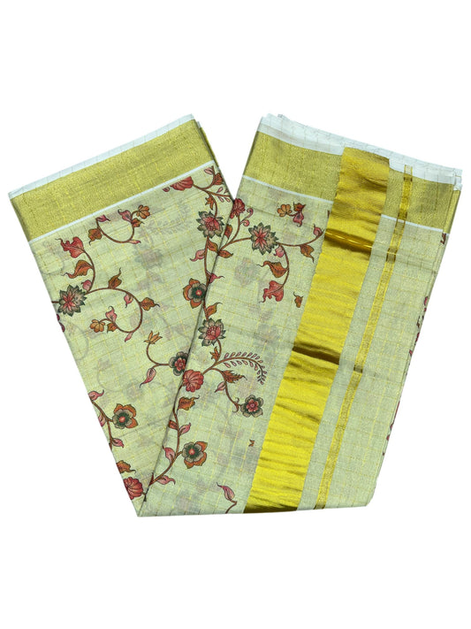 Southloom Tissue Check Kalamkari Print Kerala Kasavu Saree in Red