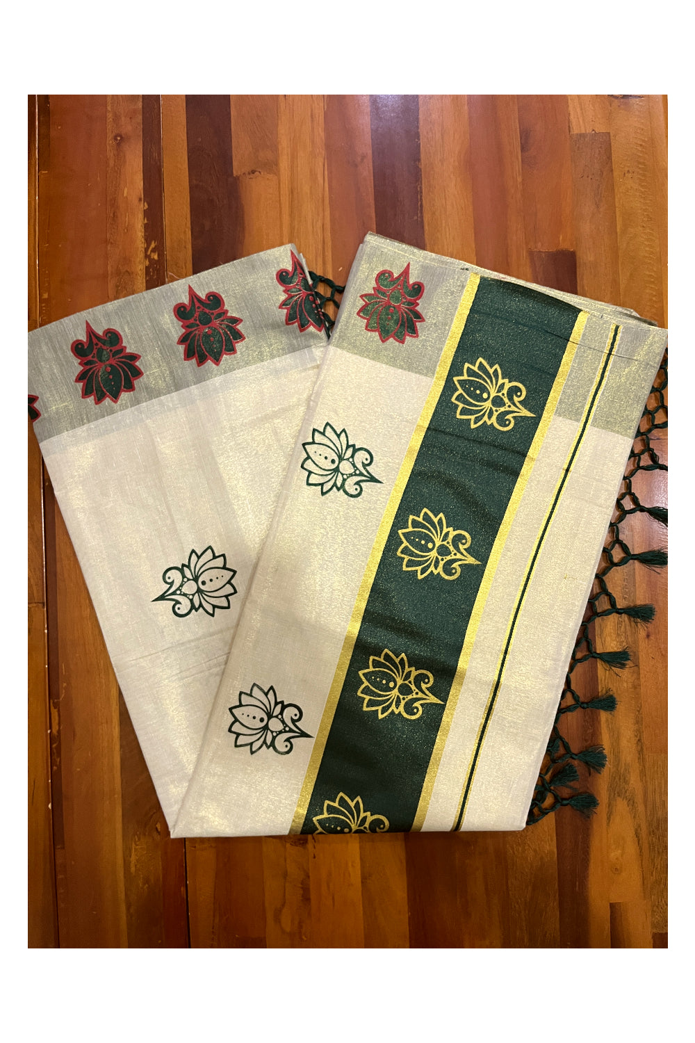 Kerala Tissue Kasavu Saree with Green and Golden Block Prints and Green Border