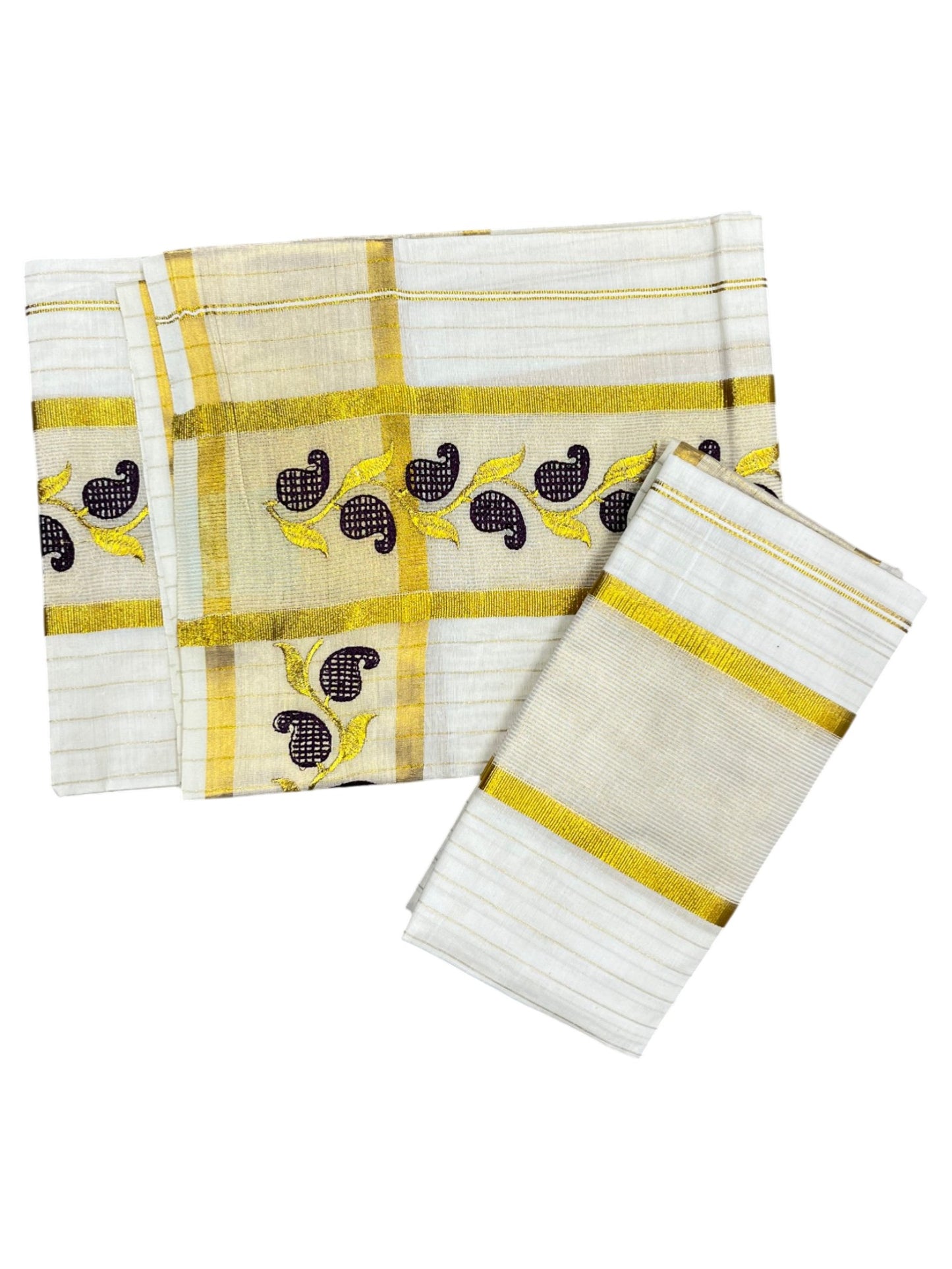 Southloom Cotton Lines Single Set Mundu (Mundu Neriyathum) With Embroidery Design Purple And Gold Border Kasavu in 2.80 Mtrs