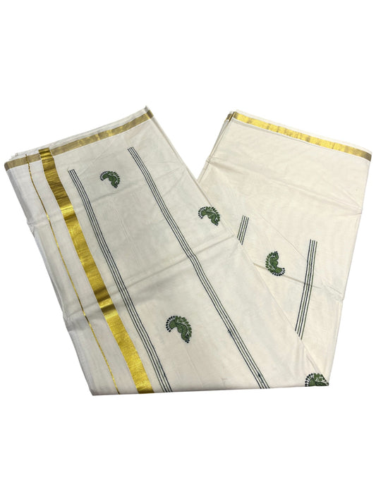 Southloom Kerala Cotton Kasavu Saree with Peacock Embroidery Works Across Body