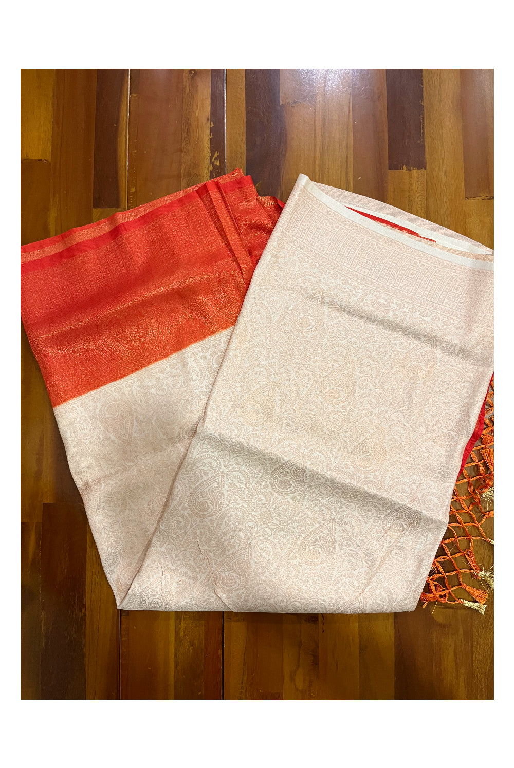 Southloom Soft Silk Beige Designer Saree with Orange Border