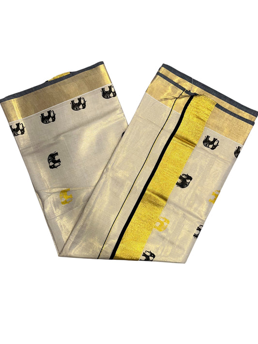 Kerala Tissue Kasavu Saree with Golden And Black Elephant Design