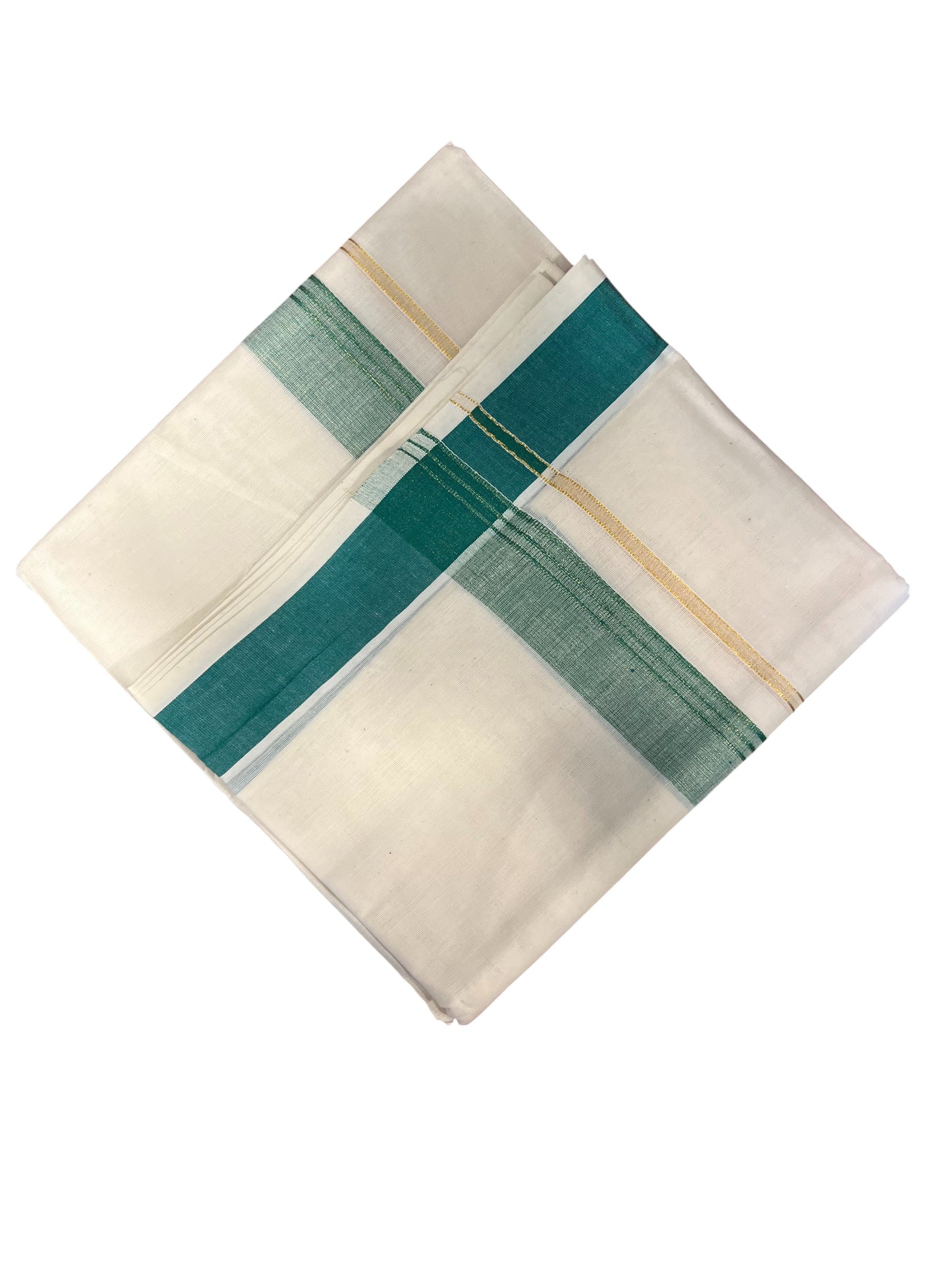 Southloom Pure Cotton Mundu with Green Lines and Green Border (South Indian Kerala Dhoti)