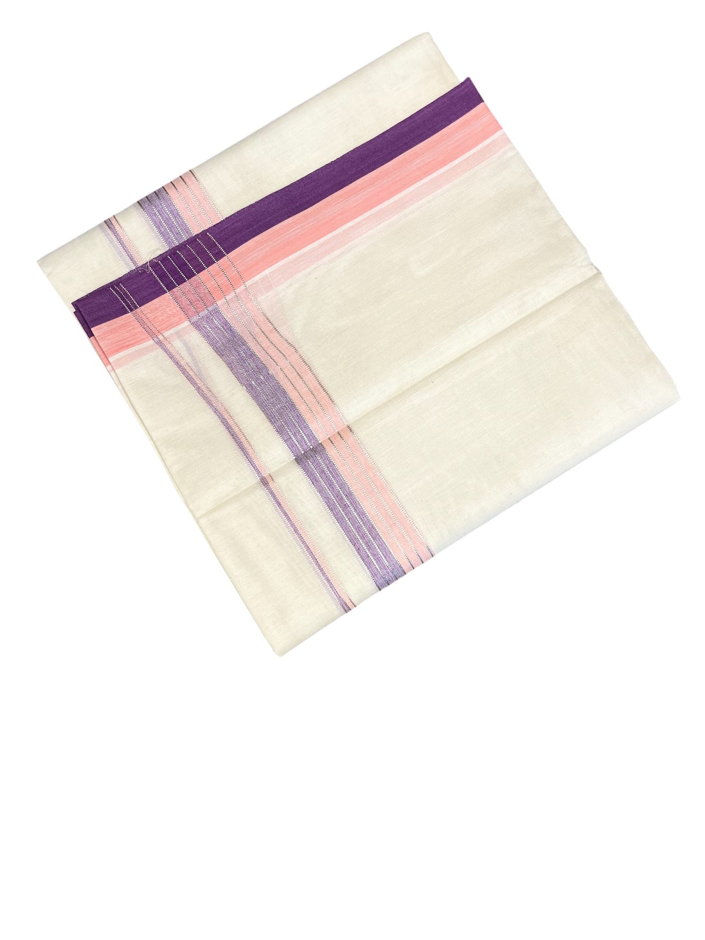 Southloom Kerala Pure Cotton Double Mundu with Peach & Violet Border (South Indian Dhoti)