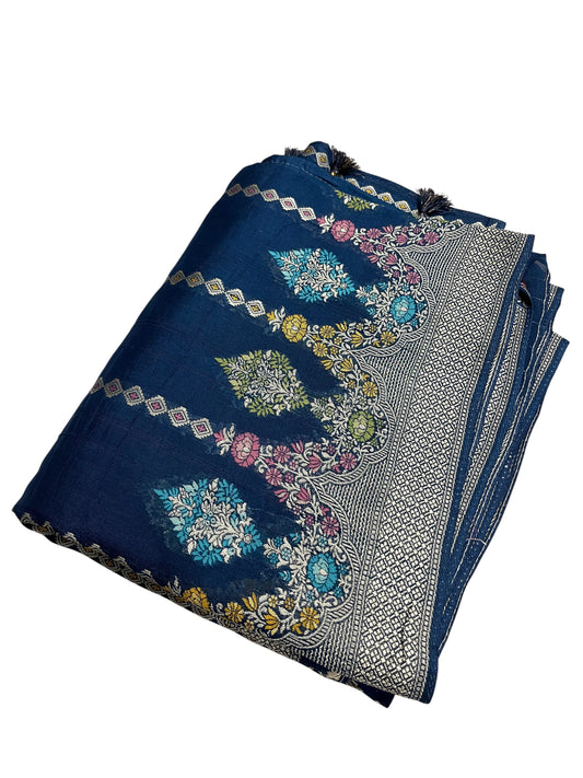 Southloom Banarasi Silk Saree with Woven Work on Body and Borders (Magenta & Blue)