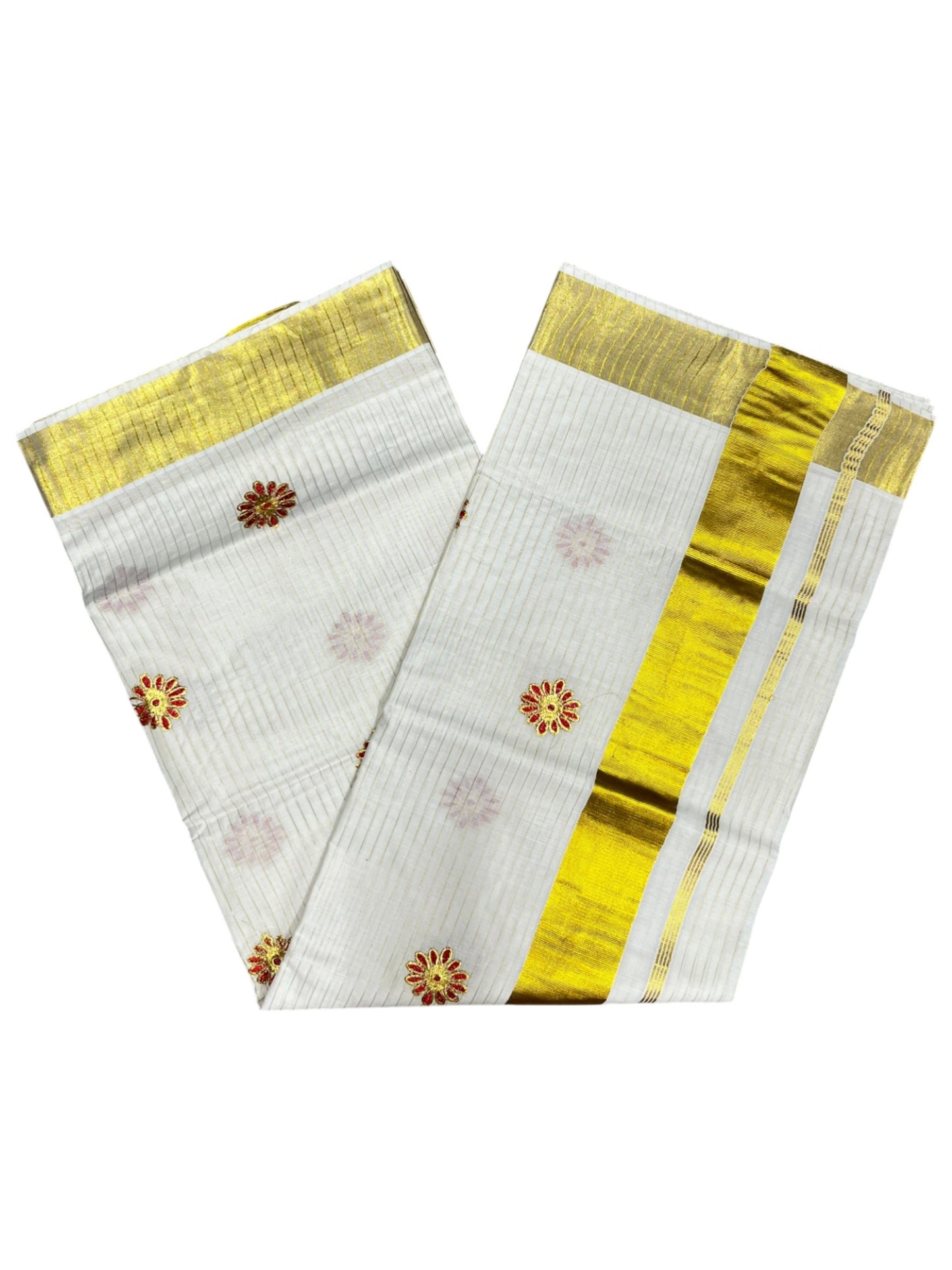 Southloom Cotton Kerala Kasavu Stripes Saree with Floral Embroidery Design in Red