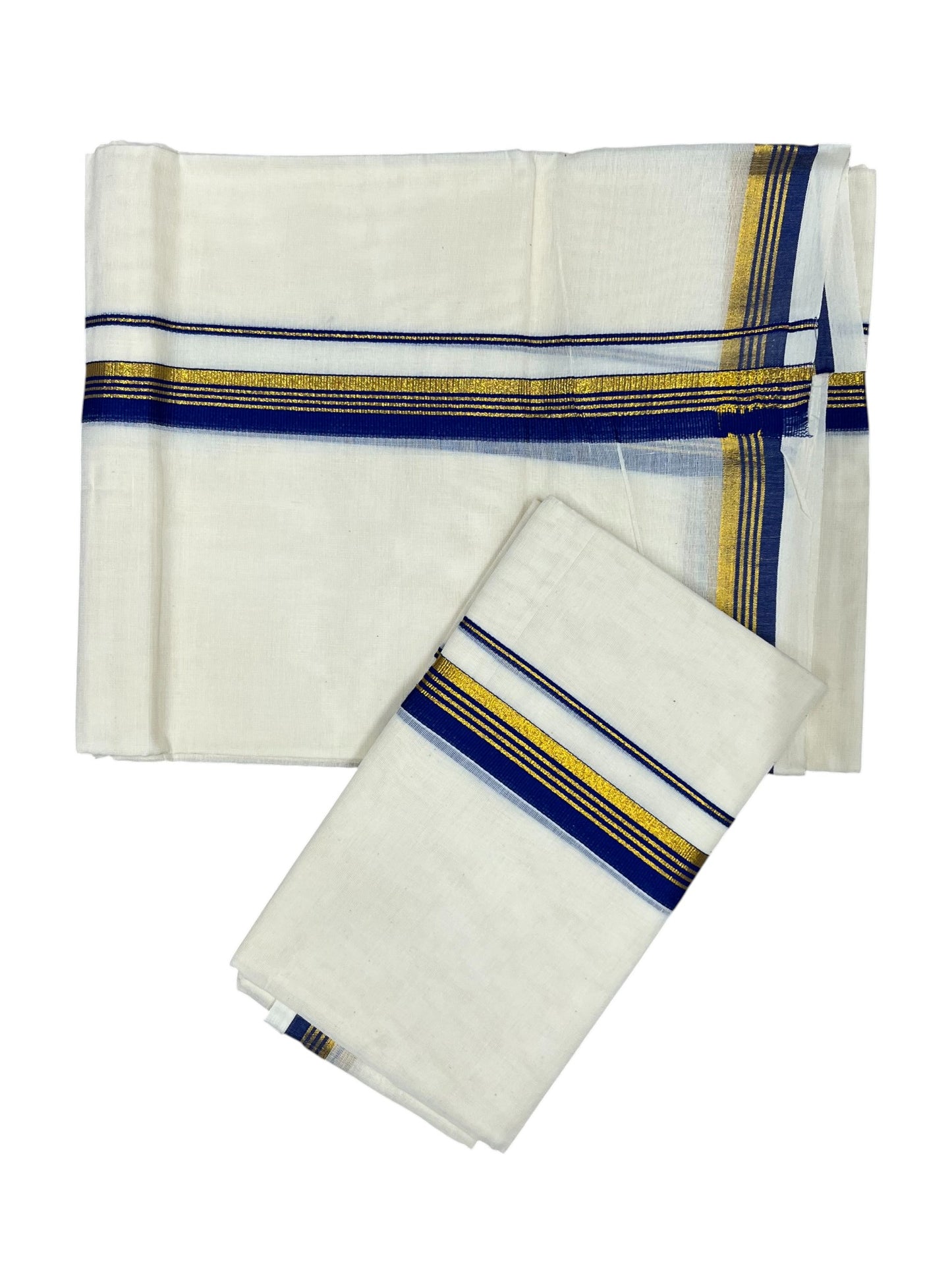 Pure Cotton Kerala Single Set Mundu (Mundum Neriyathum) with Blue Kasavu Border in 2.80 Mtrs