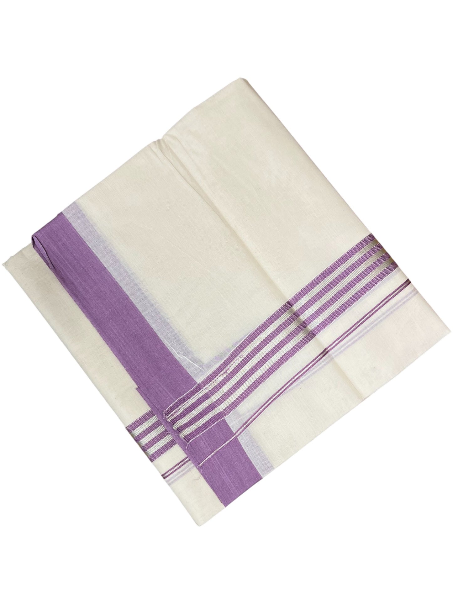 Southloom Kerala Pure Cotton Double Mundu with Lavender Colour And Silver Lines Border (South Indian Dhoti)
