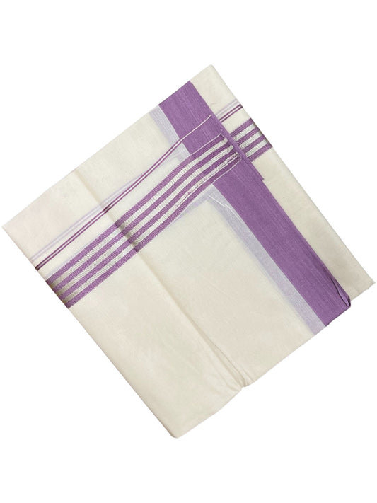 Southloom Kerala Pure Cotton Double Mundu with Lavender Colour And Silver Lines Border (South Indian Dhoti)