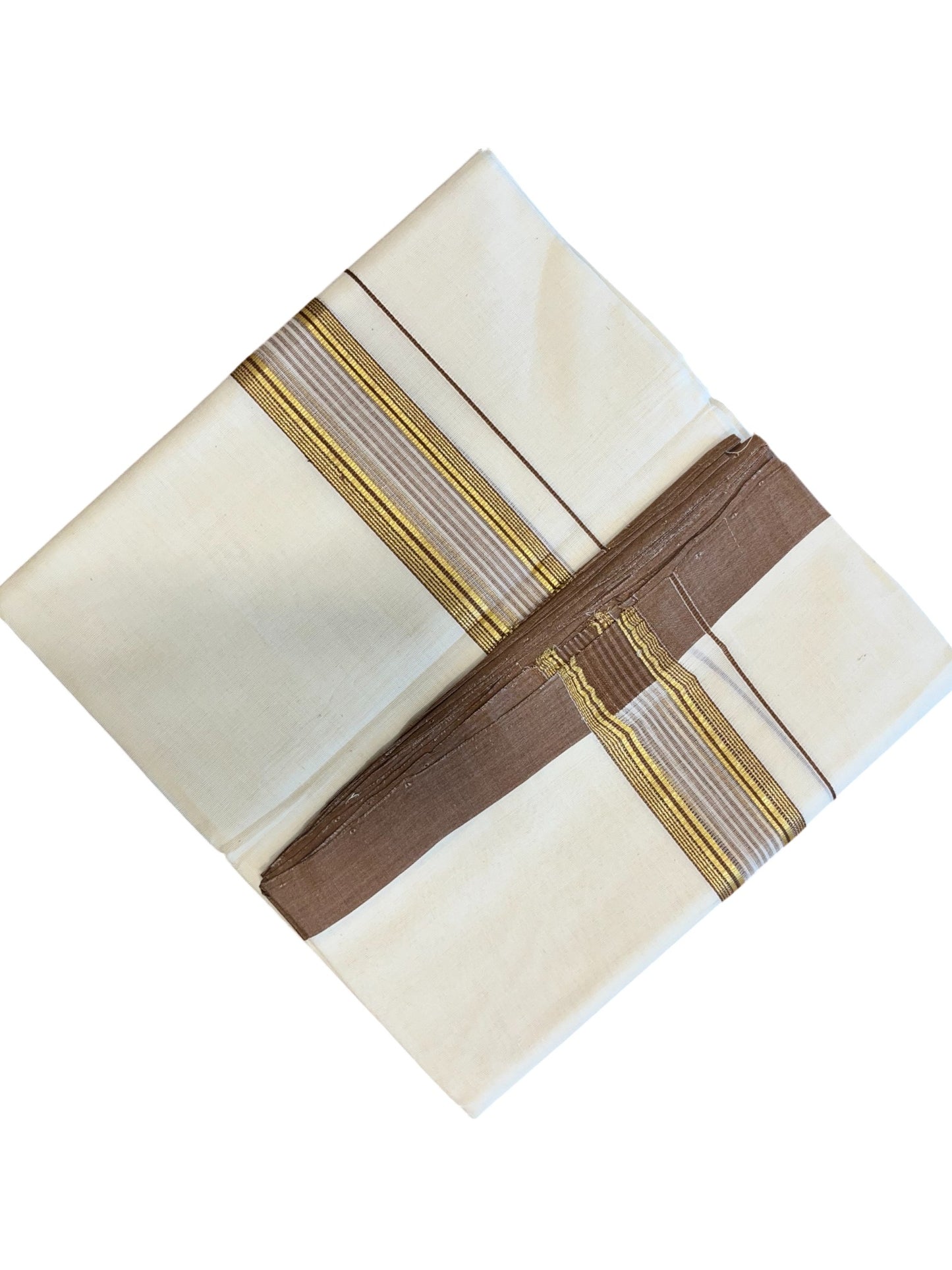 Southloom Premium Handloom Cotton Double Mundu with Gold and Brown Border