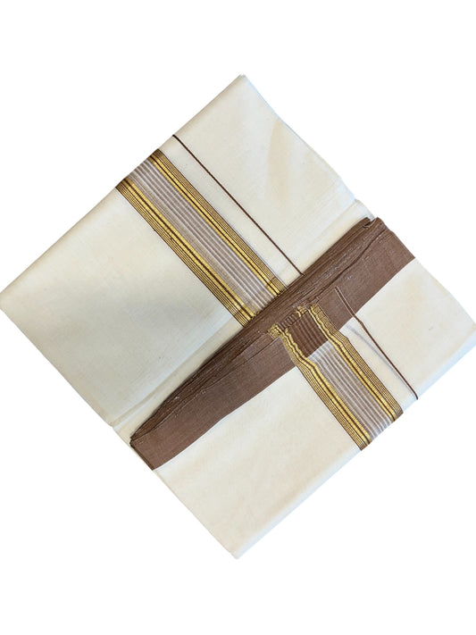 Southloom Premium Handloom Cotton Double Mundu with Gold and Brown Border