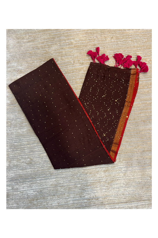 Southloom Mul Cotton 120 x 120 Soft Fabric Onam Saree in Brown with Sequins Work