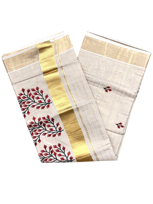 Southloom Tissue Kerala Kasavu Stripes Saree with Floral Embroidery Design