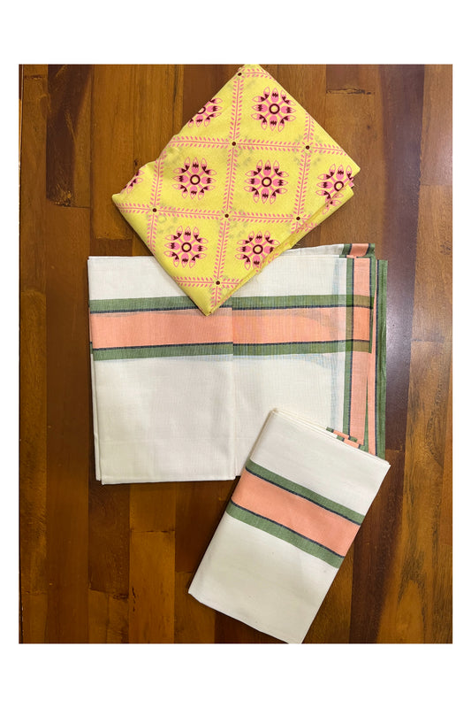 Southloom Mulloth Soft Cotton Peach Green Border Set Mundu with Jaipur Printed Blouse Piece (2.60 M Neriyathu / Blouse 1 Meter)