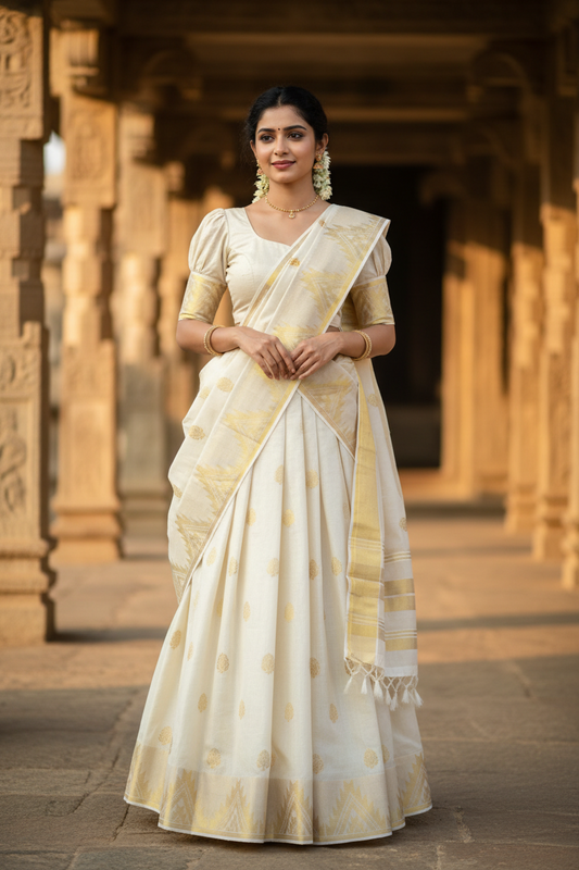 Southloom Semi Stitched Tissue Dhavani Set with Pavada and With Tissue Kasavu Border Blouse Piece