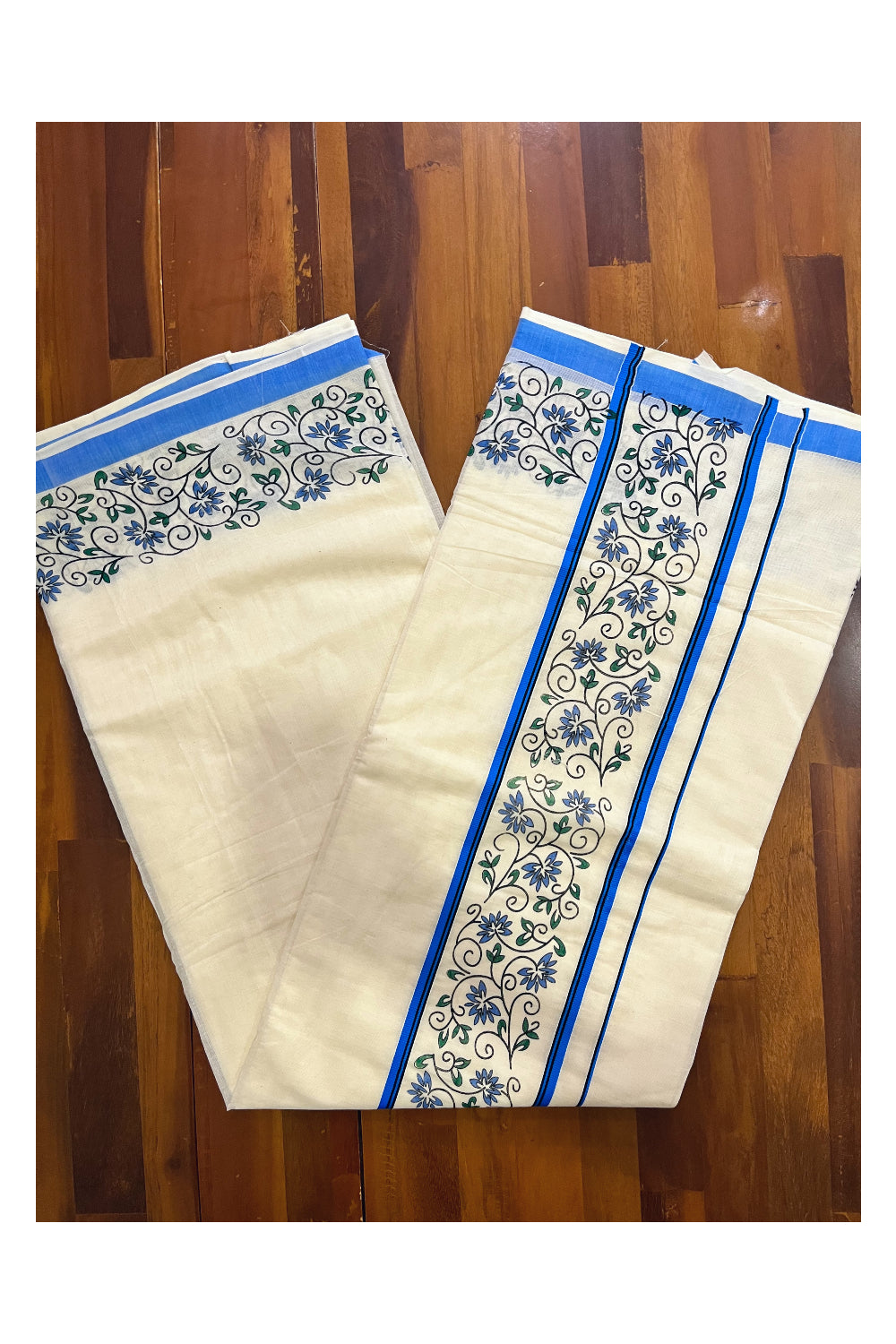 Pure Cotton Kerala Saree with Floral Block Prints and Blue Border