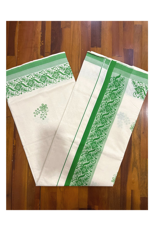 Pure Cotton Off White Kerala Saree with Light Green Floral Block Printed Border