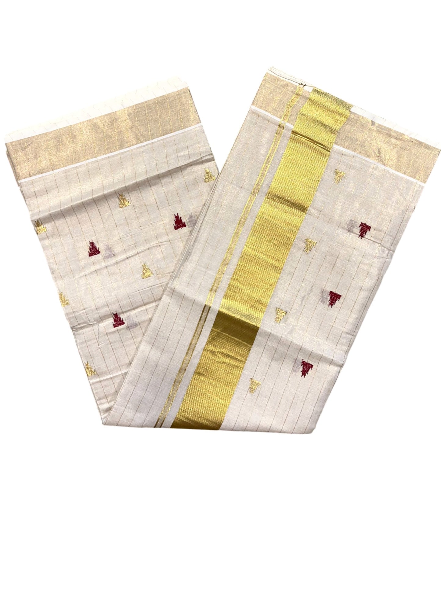 Southloom Kerala Tissue Kasavu Stripes Saree With Maroon Temple Embroidery on Body