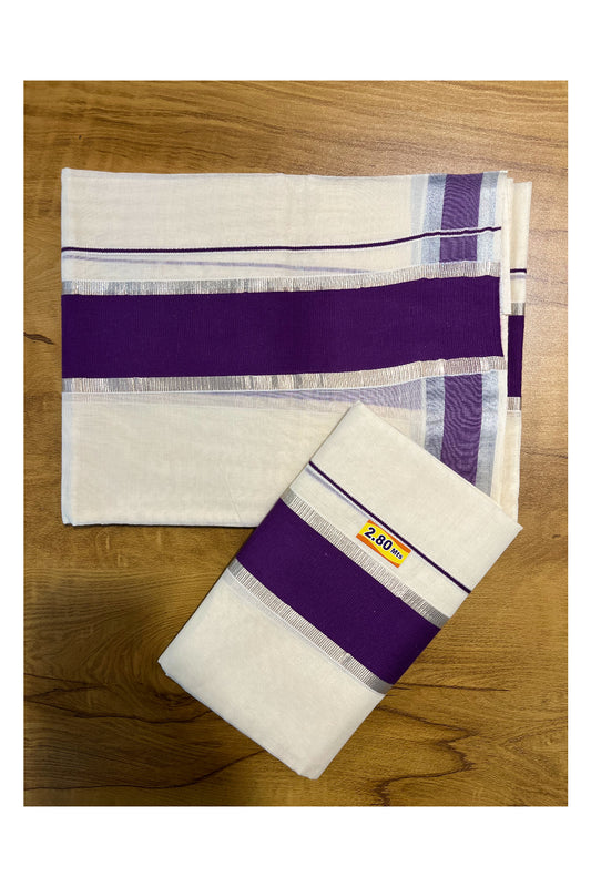 Kerala Cotton Mundum Neriyathum Single (Set Mundu) with Violet and Silver Kasavu Border 2.80 Mtrs