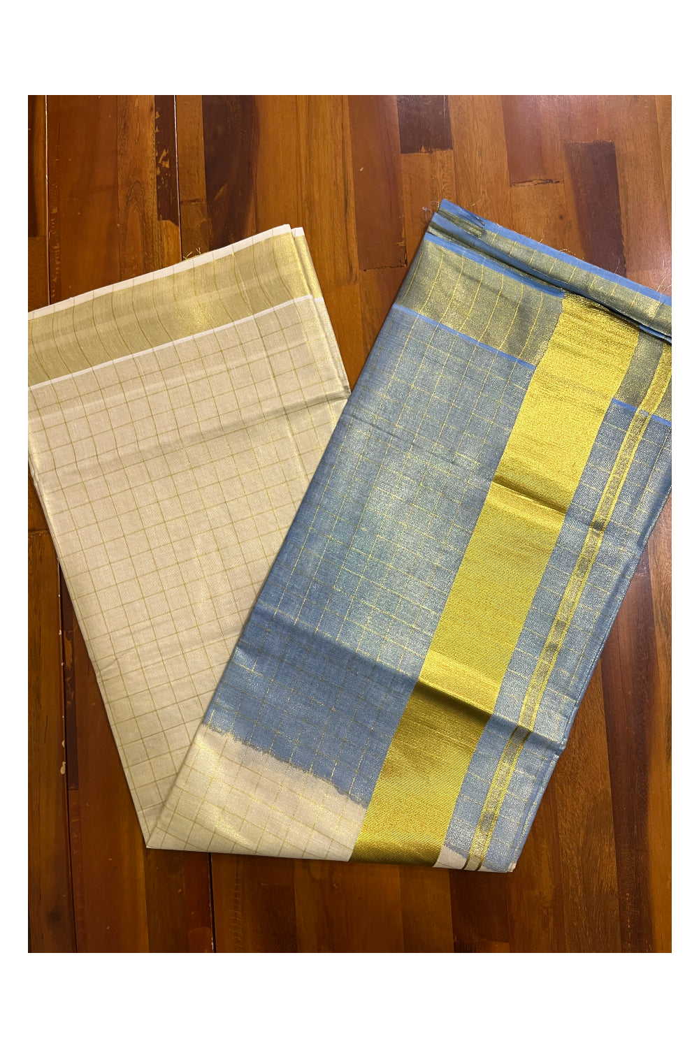 Southloom Tie & Dye - Half & Half  Multi Colour Blue Design Saree with Kasavu Checks Across Body