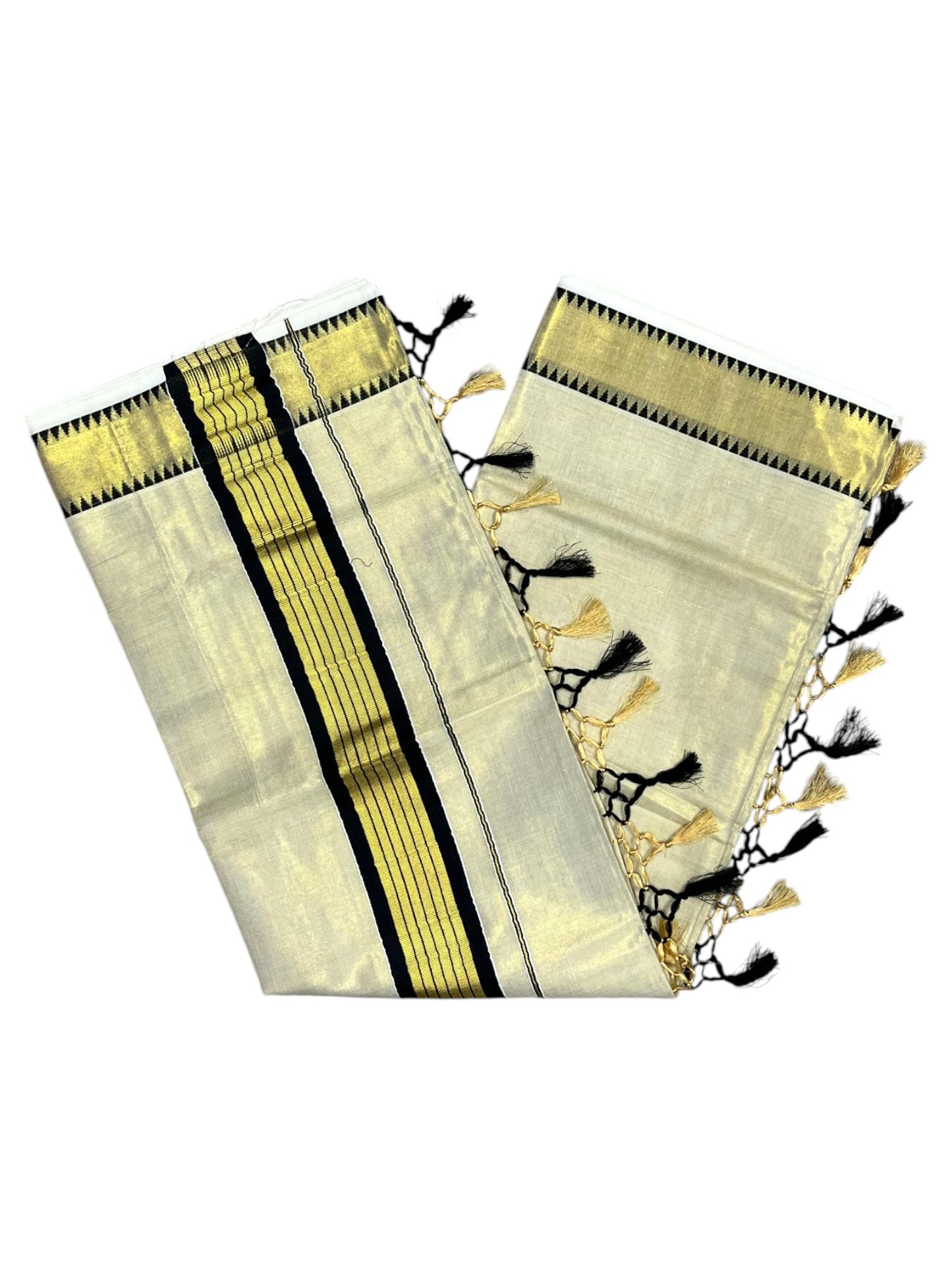 Southloom Kerala Tissue Kasavu Saree With Black Temple Woven Works on Border SL365
