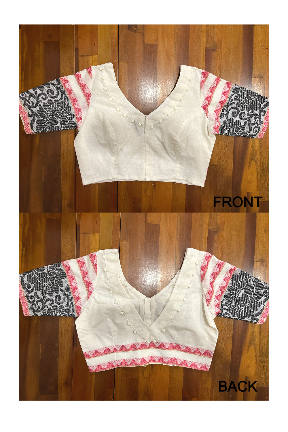 Southloom White Cotton Ready Made Blouse with Red Black Border