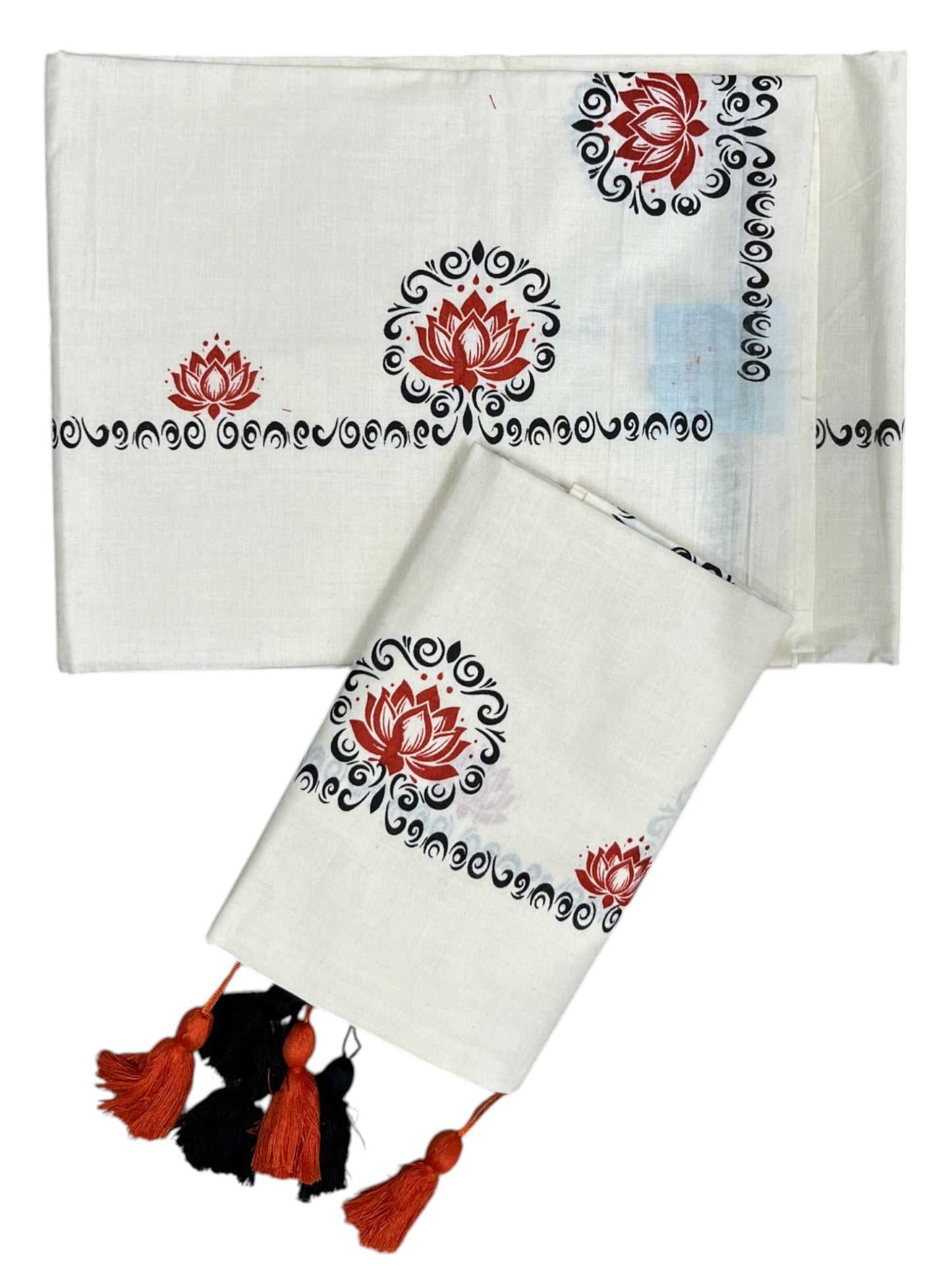 Southloom Kerala Cotton Single Set Mundu (Mundum Neriyathum) with Dark Orange &Black Lotus Block Printed Design