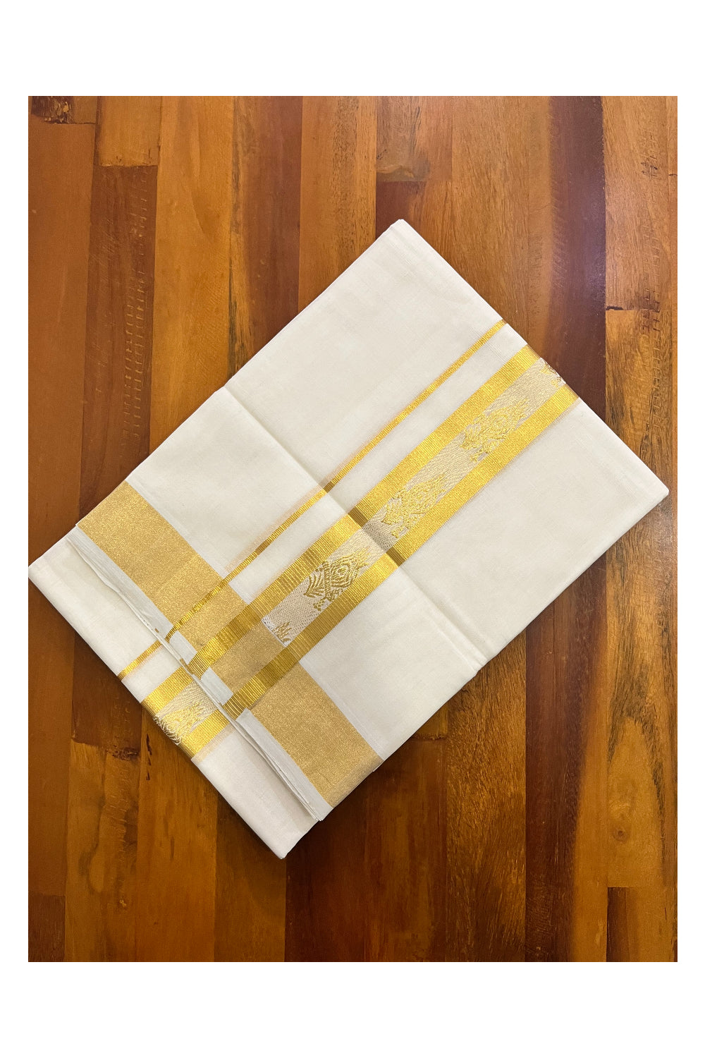 Southloom Premium Handloom Wedding Mundu with Kasavu Feather Woven Border (South Indian Kerala Dhoti)