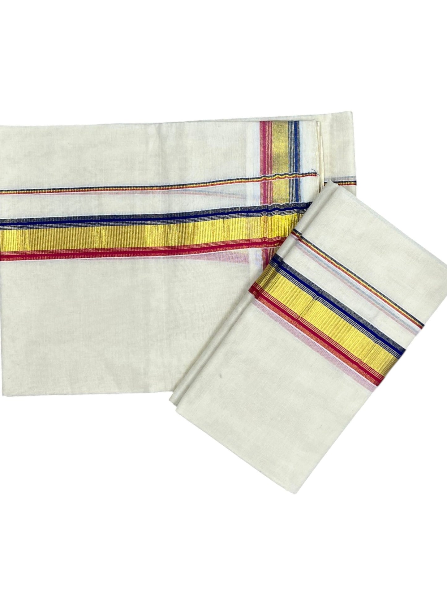 Kerala Cotton Set Mundu (Mundum Neriyathum) with Kasavu and Blue &Dark Pink Border 2.80 Mtrs SLKK SL470