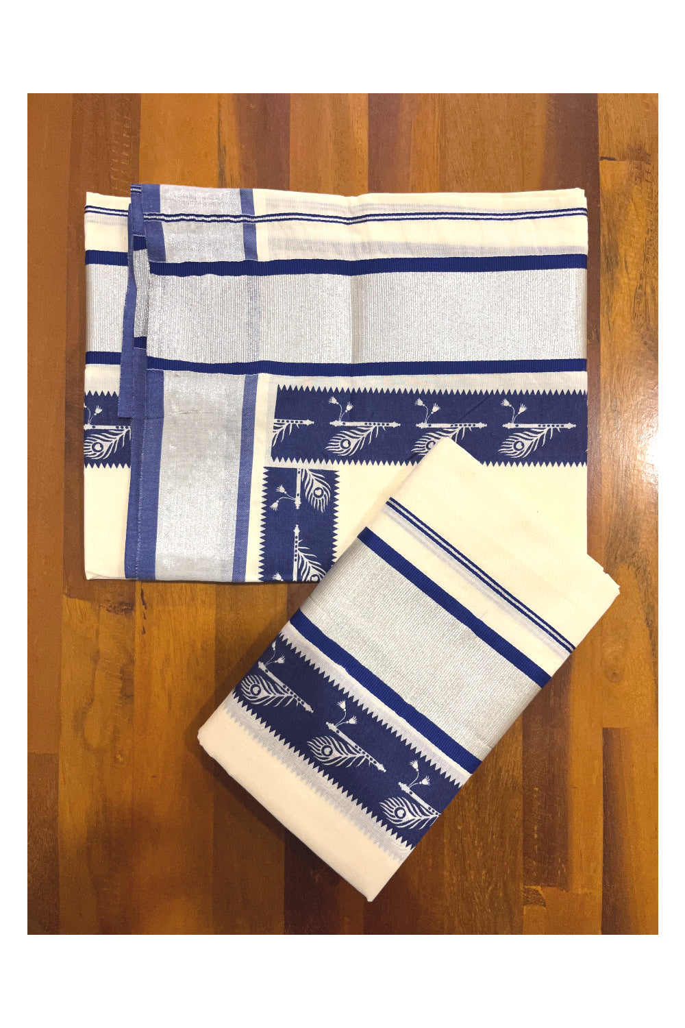 Pure Cotton Kerala Single Set Mundu (Mundum Neriyathum) with Blue Block Printed Silver Kasavu Border