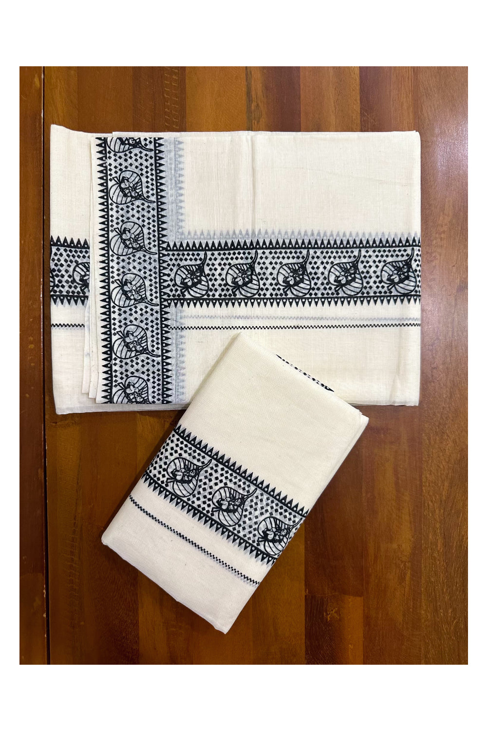 Pure Cotton Kerala Set Mundu with Black Block Printed Border