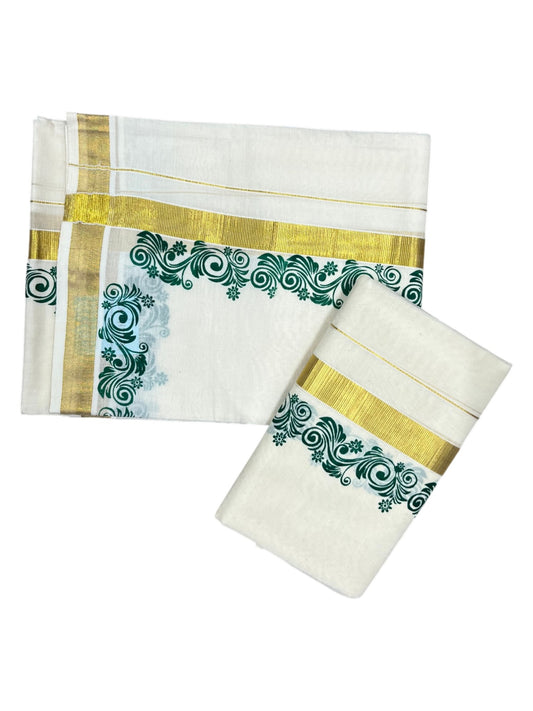 Southloom Pure Cotton Kerala Single Floral Print Set Mundu (Mundum Neriyathum) Green Border in 2.80 mtrs SL245