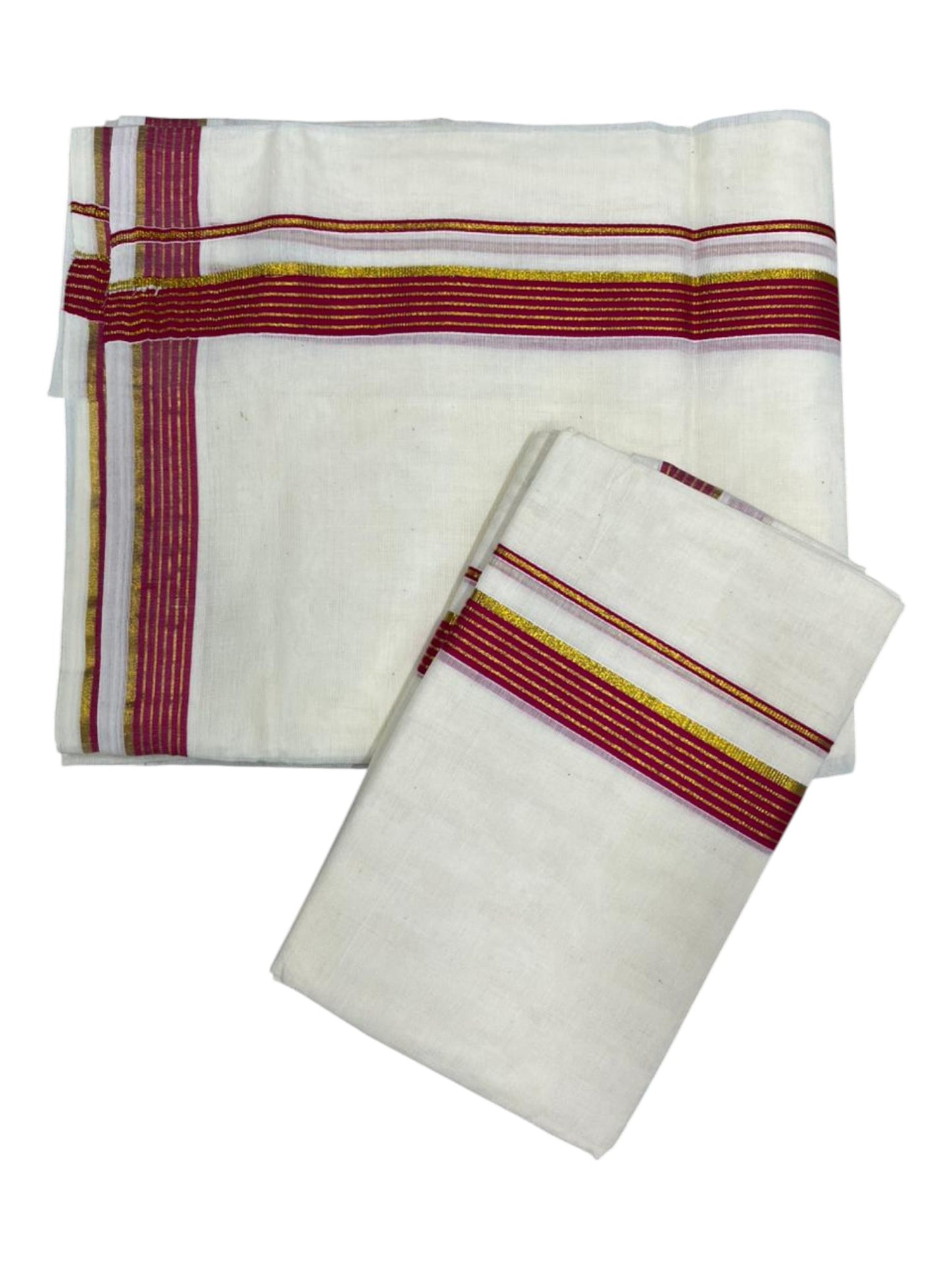 Pure Cotton Kerala Single Set Mundu (Mundum Neriyathum) with Magenta Kasavu Border in 2.80 Mtrs